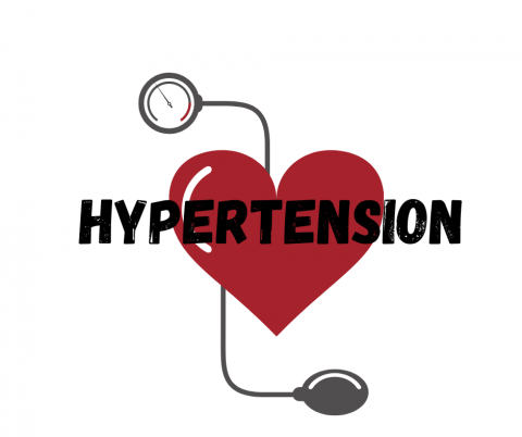 Illustration of a red heart with a blood pressure cuff and gauge representing hypertension