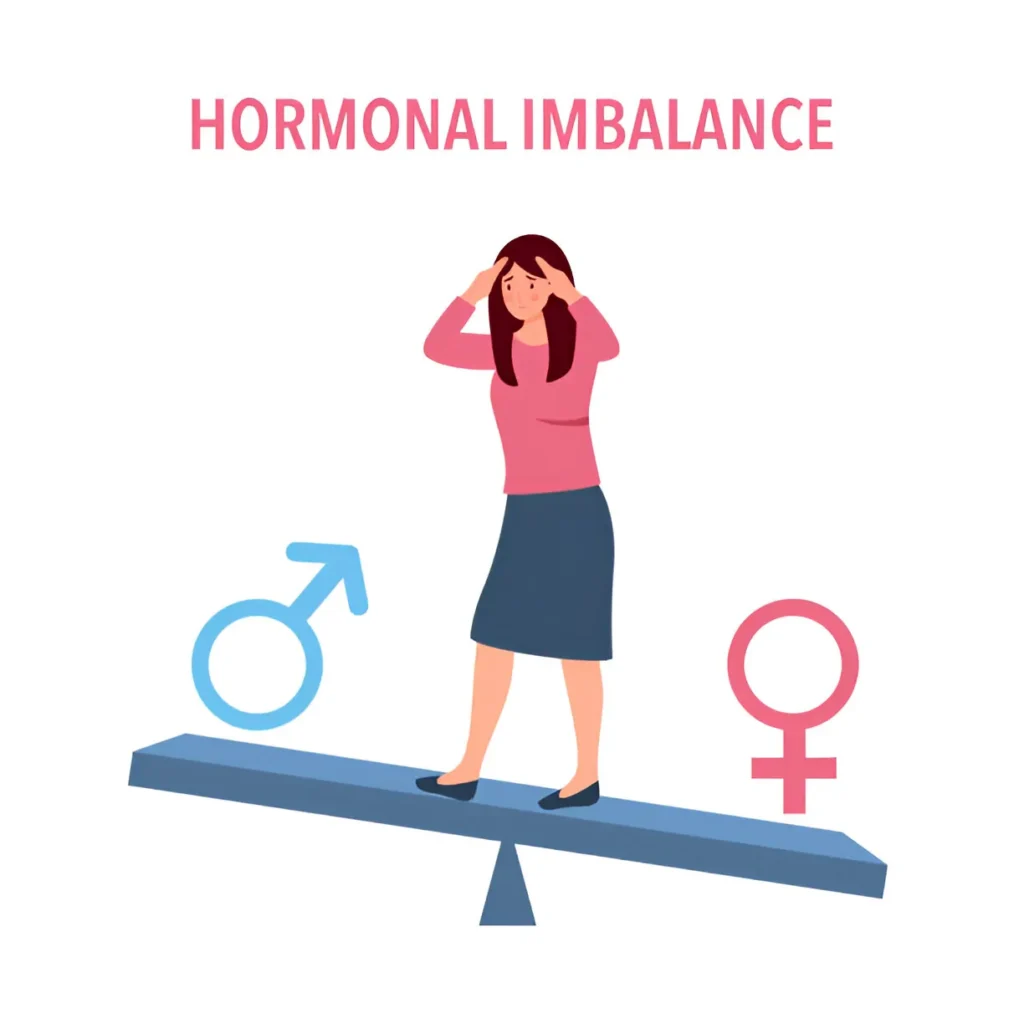 Illustration of a woman standing on an unbalanced seesaw between male and female hormone symbols, representing hormonal imbalance.