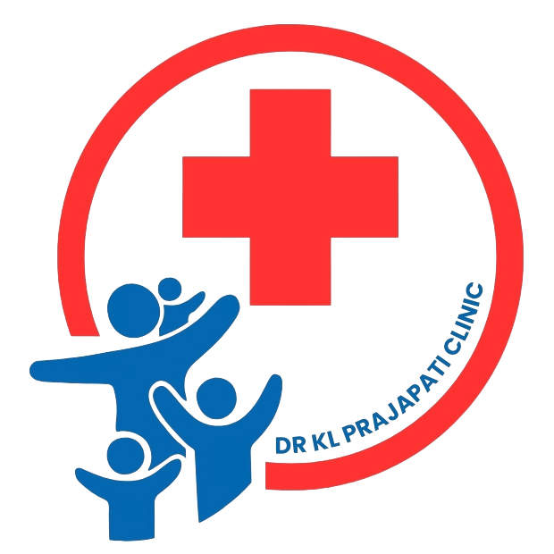 Dr KL Prajapati Clinic logo with red medical cross and family health care illustration