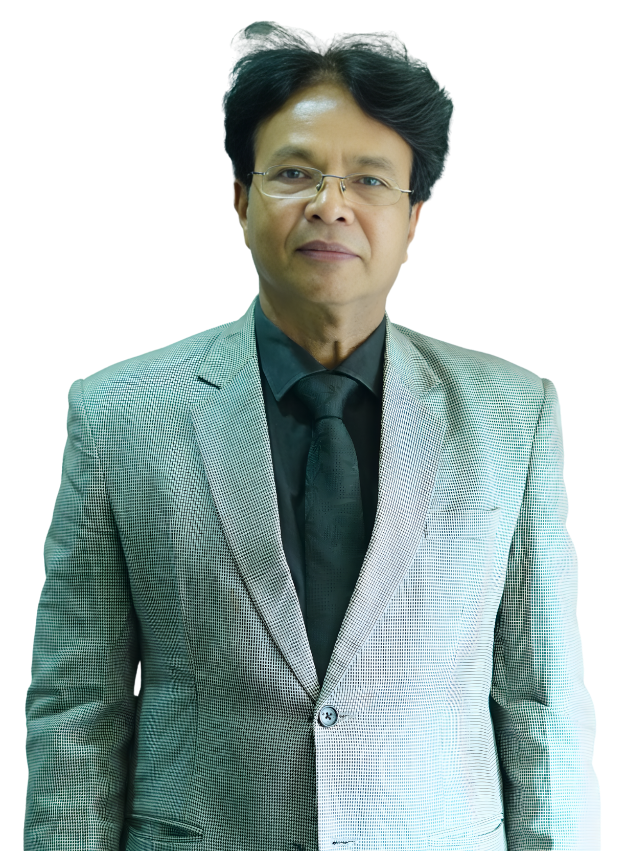 Portrait of a man in a light checkered suit and black shirt and tie, referred to as Dr. K. L. Prajapati.