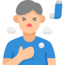 Illustration of a person experiencing breathing difficulty with an inhaler shown nearby, representing asthma or respiratory issues.