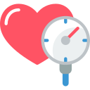 Icon of a heart with a blood pressure gauge representing hypertension screening and monitoring.