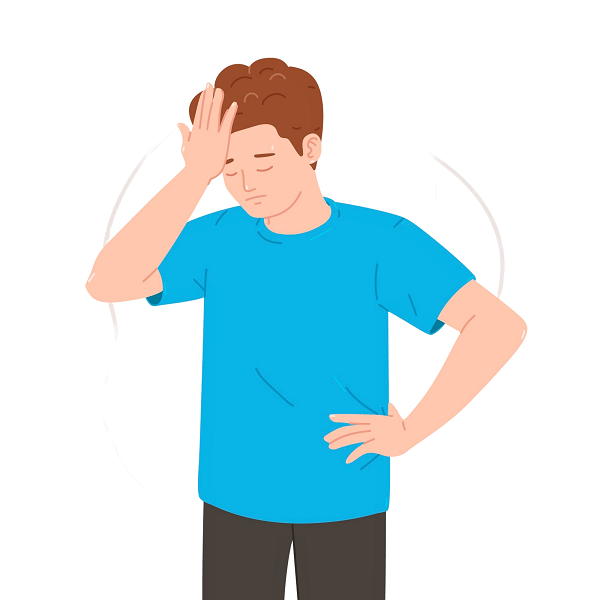 Illustration of a man holding his head with a distressed expression, symbolizing symptoms related to high blood pressure.