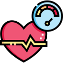 Icon of a heart with an ECG line and a blood pressure gauge, representing blood pressure and heart health monitoring.