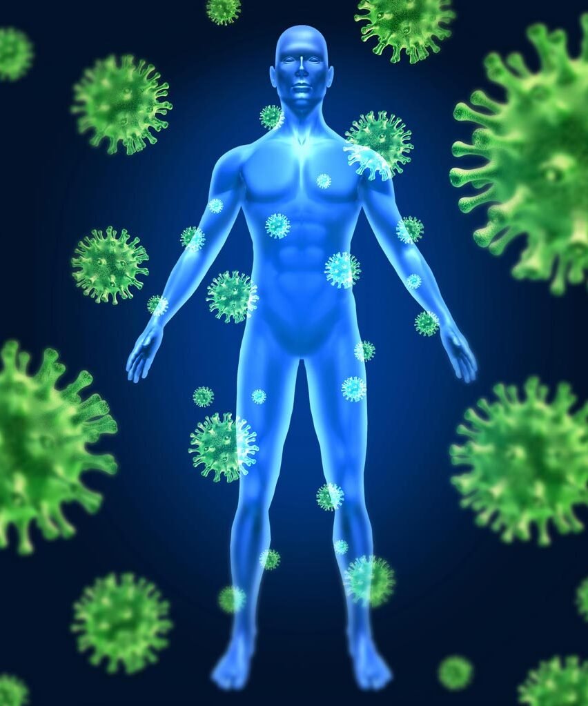 Digital illustration of a human figure surrounded by large green virus-like particles.