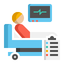 Illustration of a patient lying in a hospital bed with a monitoring screen and a medical chart beside them.