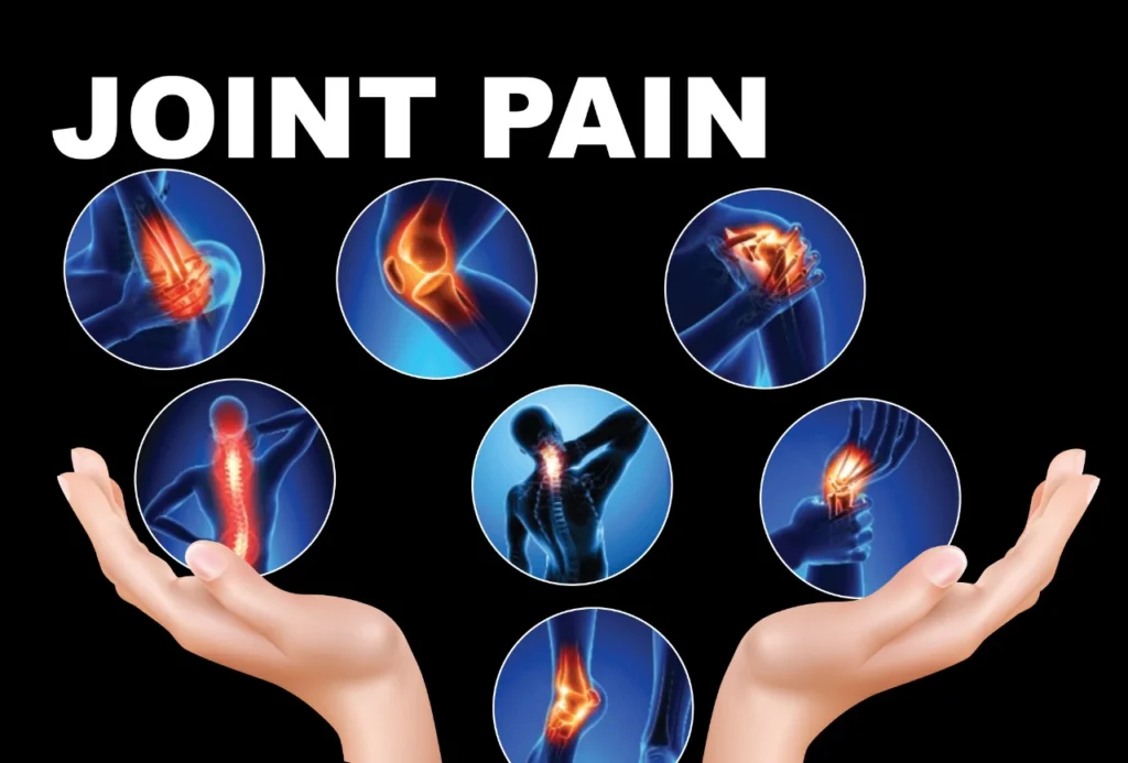 Illustration showing different areas of joint pain in the body, including knees, elbows, wrists, spine, and shoulders, with glowing red inflammation indicators.