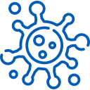 Blue line icon depicting a stylized virus particle.