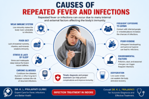Infographic showing causes of repeated fever and infections with expert Infection Treatment in Indore by DR K. L. Prajapati Clinic
