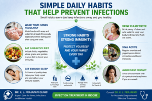 Infographic showing simple daily habits that help prevent infections with expert Infection Treatment in Indore by DR K. L. Prajapati Clinic